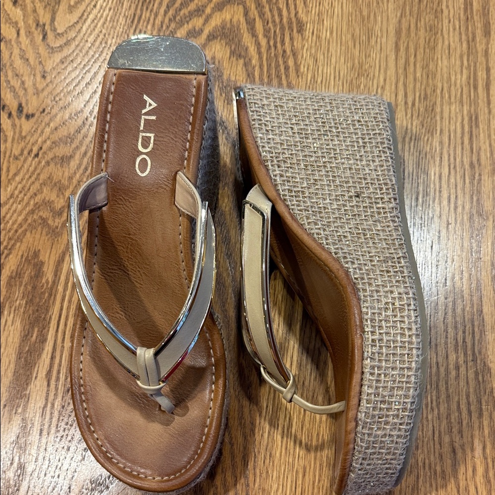 Aldo Beige and Metallic Wedge Sandals